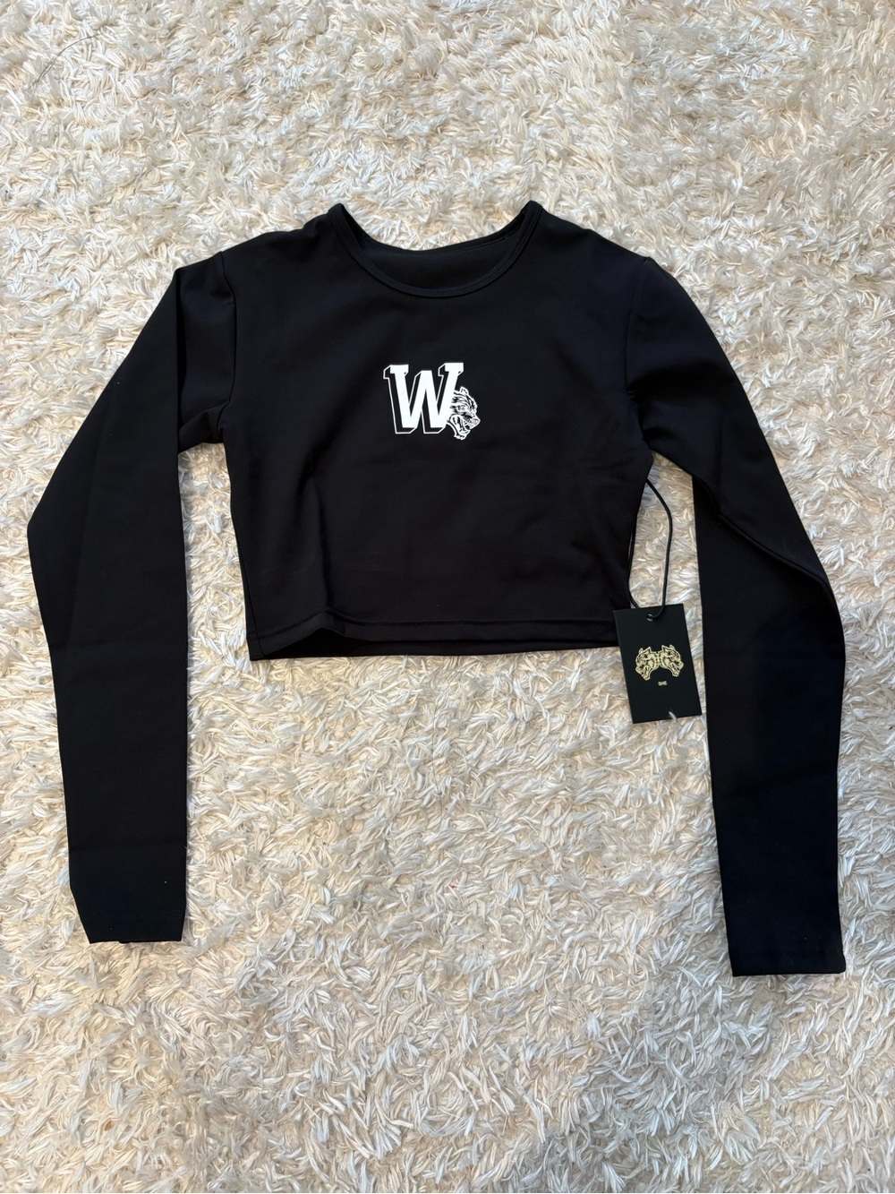 She Darc Sport Black Cropped Long-Sleeve Top with White W Logo Athletic Print